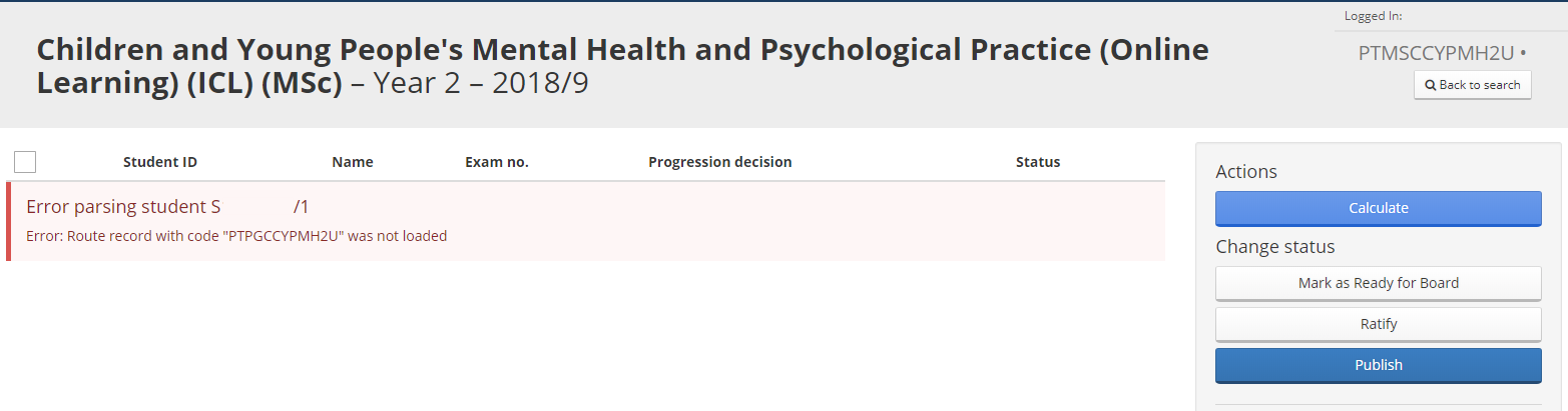 A screenshot of Error Parsing Student