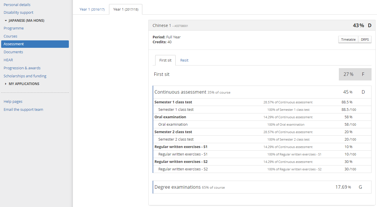 Image of a student's EUCLID account showing first sit marks while they're in resit.