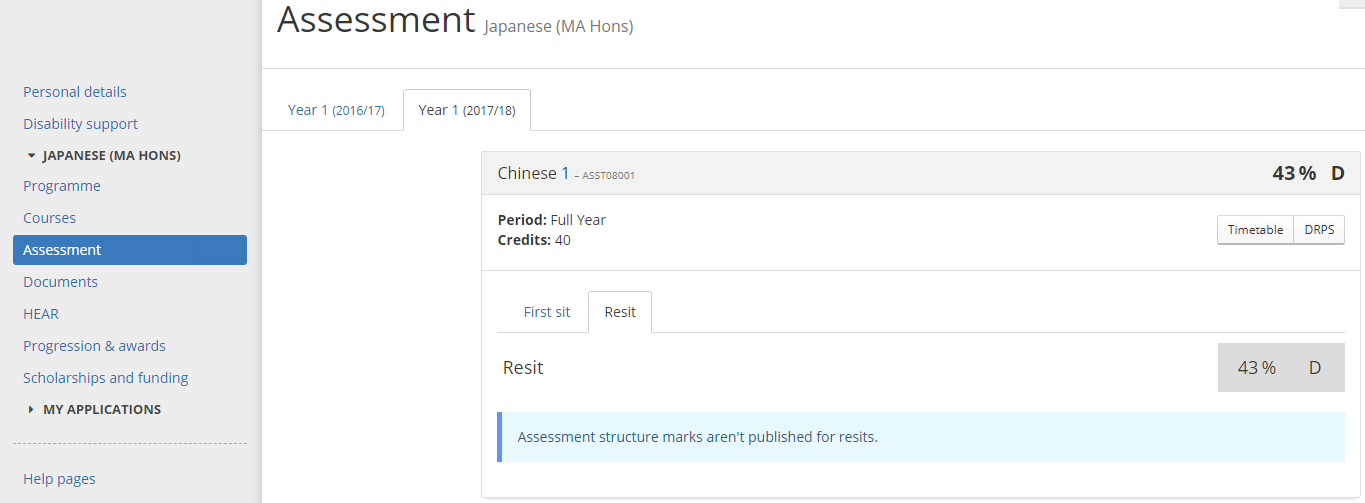 Image of a student's EUCLID account looking at the final resit course result