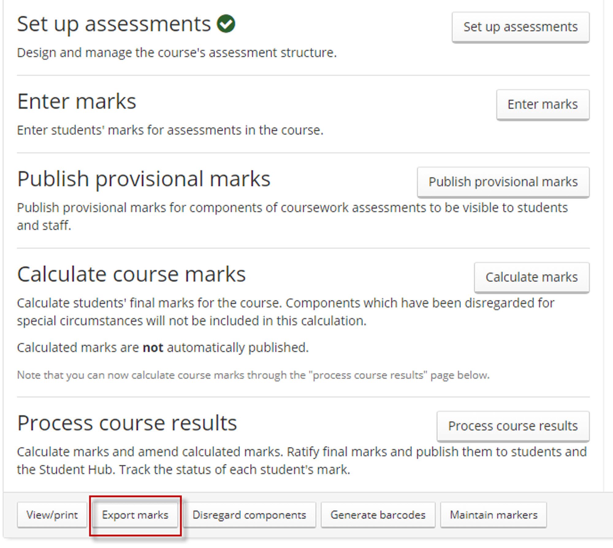 export marks Process course results