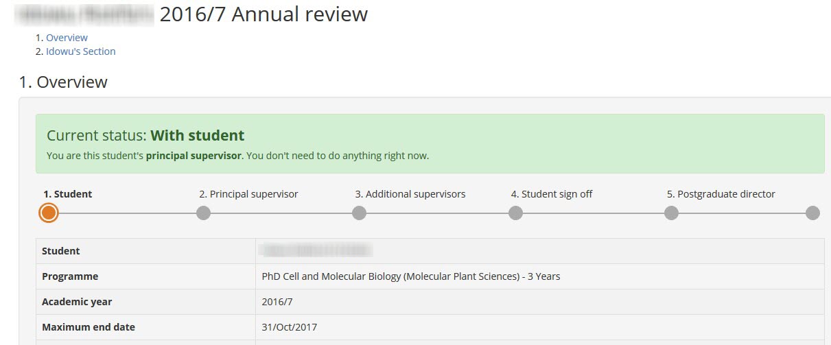 Image of external academics annual review progress overview screen