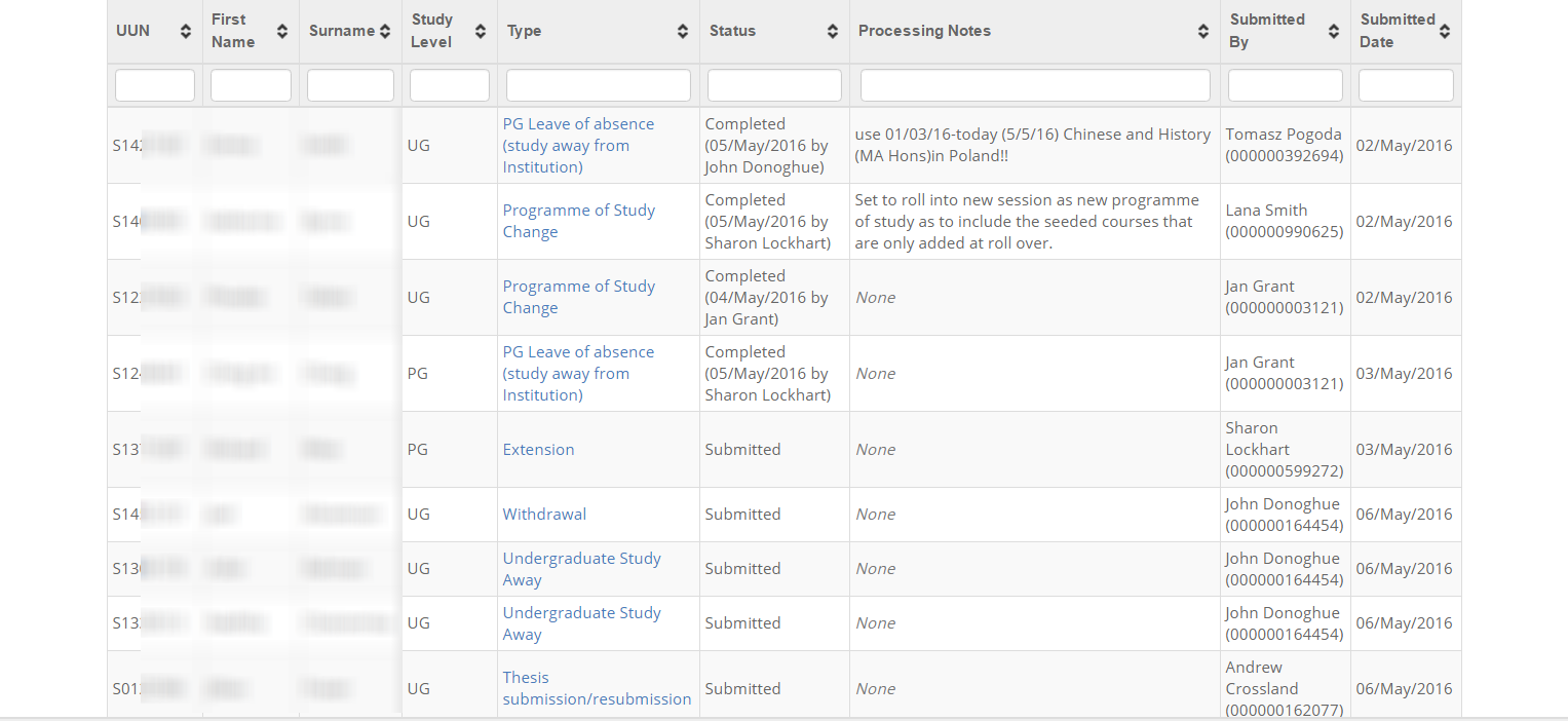 Programme change request management filter list