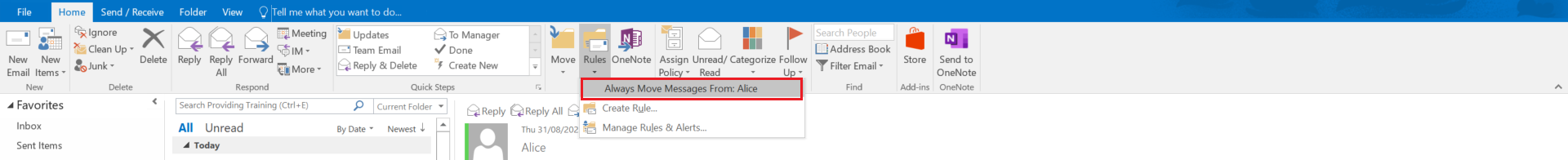 Screenshot showing Outlook ribbon with Rules drop-down selected and Always move messages from Alice button highlighted. 