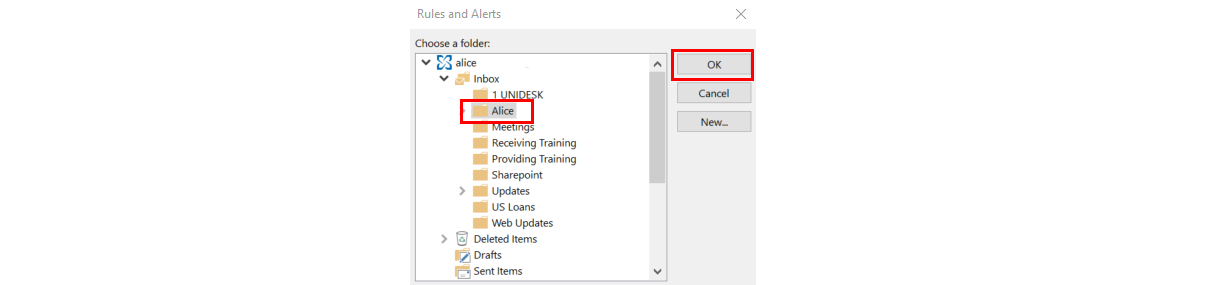 Screenshot showing Rules and Alerts box with list of available folders. Folder Alice is highlighted as well as OK button. 