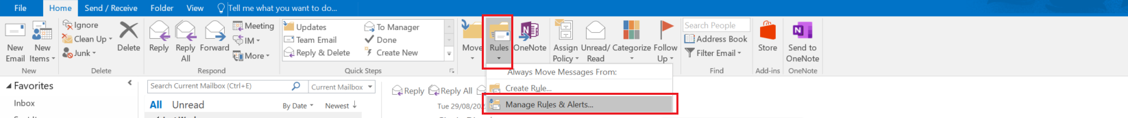 Screenshot showing Outlook ribbon with Rules drop-down selected and Manage rules and alerts button highlighted. 