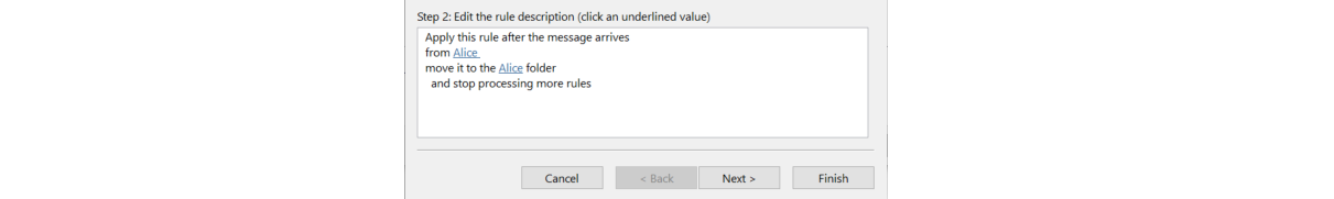 Screenshot showing folder name change in the Rule Wizard in Outlook. 