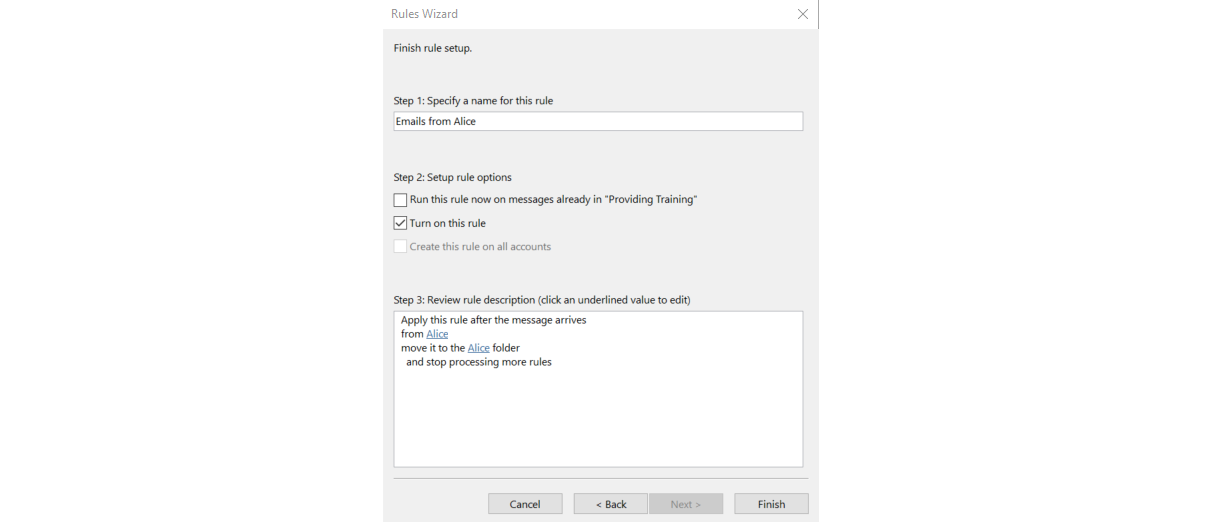 Image showing Finish rule set up in the Rules Wizard in Outlook. It shows fields to add rule name and select turn on this rule. 