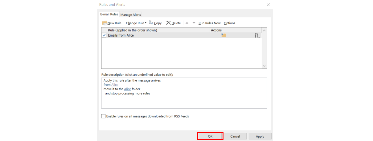 Screenshot showing Rules and Alerts box in Outlook where you can see rule set up.