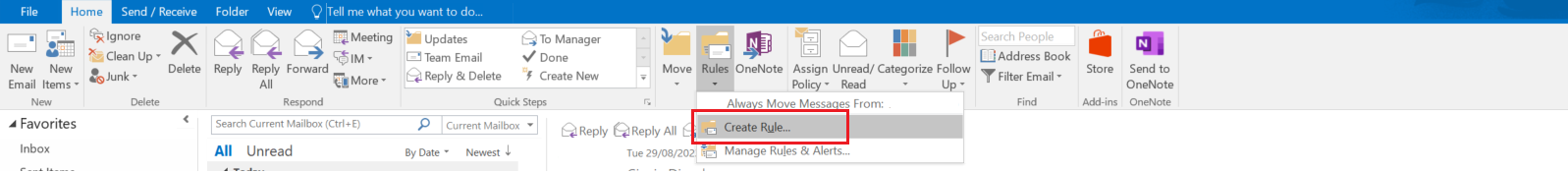 Screenshot showing Outlook ribbon with Rules drop-down selected and Create Rule button highlighted. 