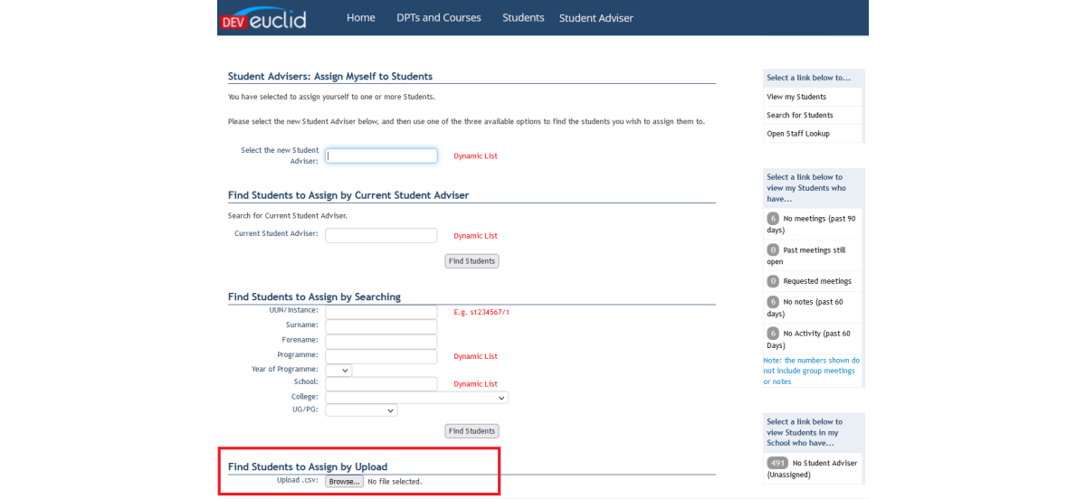 Screenshot of the options to find and assign students to a Student Adviser, including uploading a file.