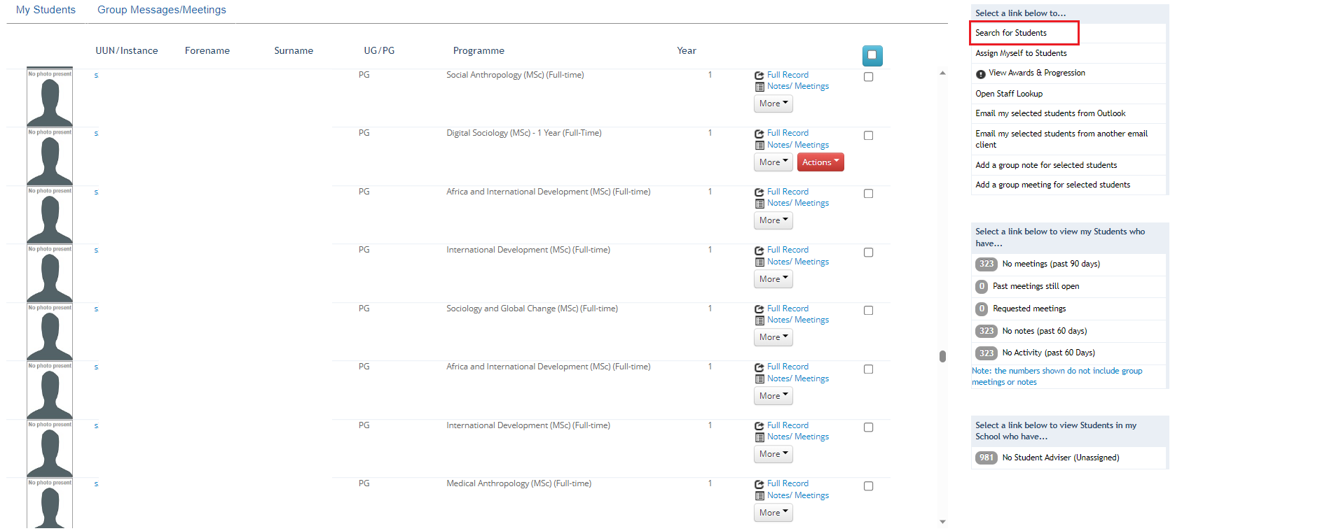 Screenshot of list of students in Student Adviser tool highlighting Search for students button on right of page. 