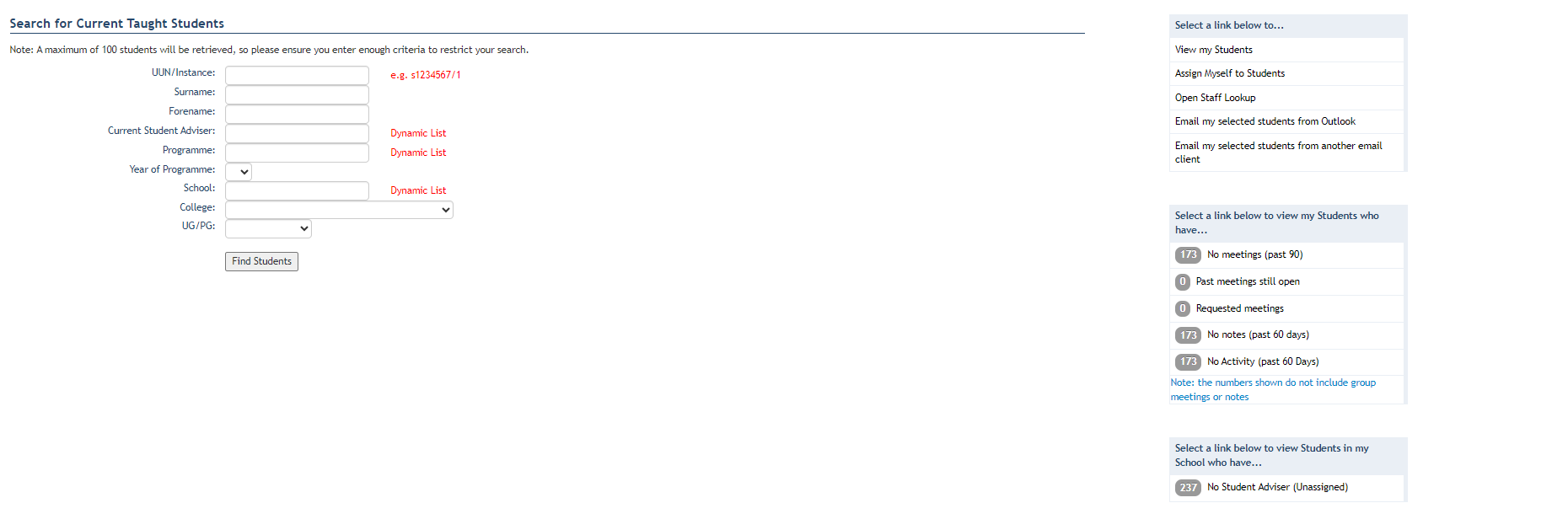 Screenshot showing student search in Student Adviser tool. 