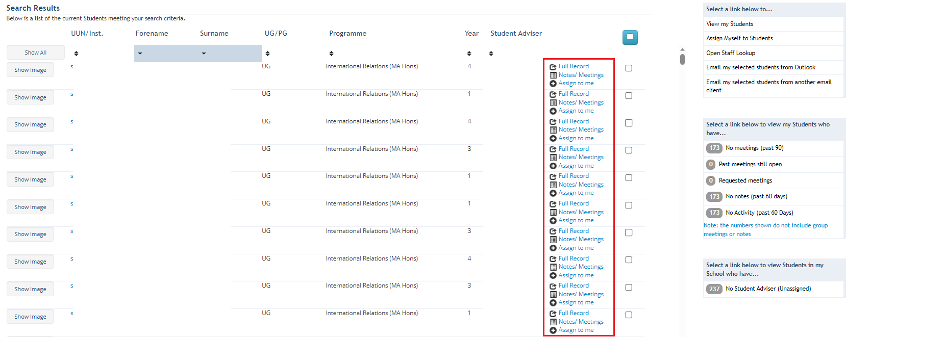 Screenshot of student search results highlighting the Full Record, Notes/Meetings and Assign to me buttons. 