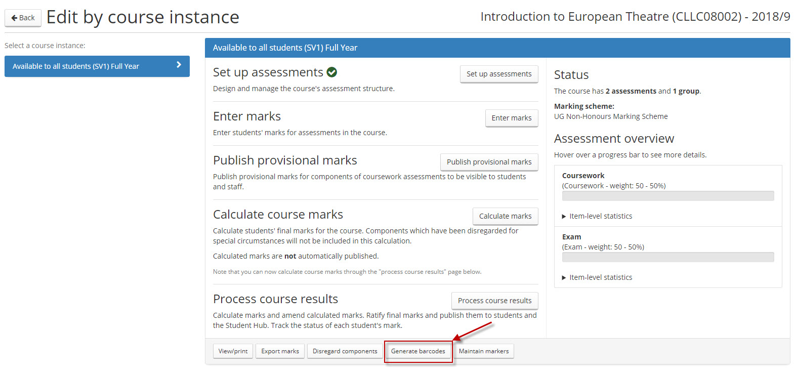 Generate barcodes location Assessment hub