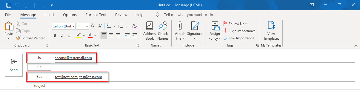 Screenshot of Outlook email that is created when sending a bulk email highlighting the To field and the Bcc field. 