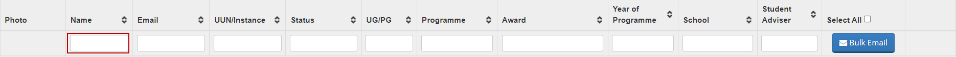 Screenshot showing headers of the columns on the List My Students screen highlighting the filter fields under each header. 