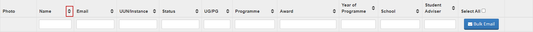 Screenshot showing headers of the columns on the List My Students screen highlighting the sort button for the column. 