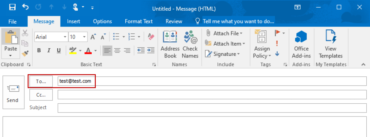 Screenshot of Outlook email that is created when sending an email to an individual student highlighting the To field. 