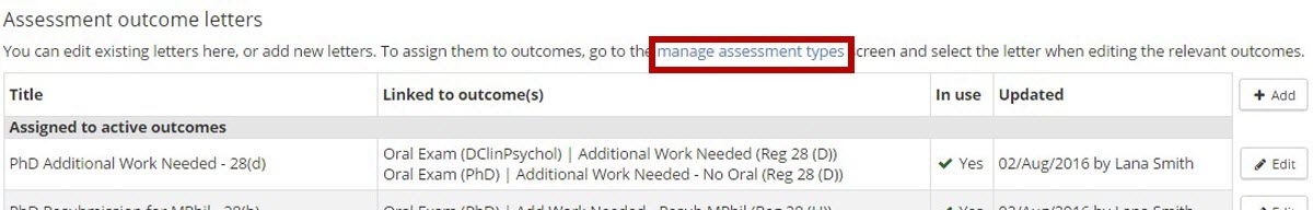 Image of manage assessment types link within letters list screen