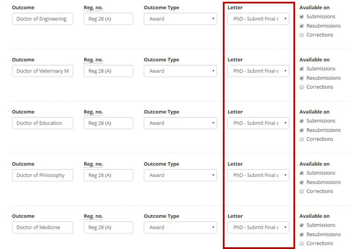 Image of outcome letters list