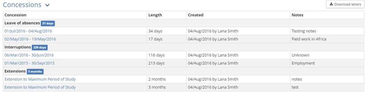 Image of concessions section within Student hub programme tab