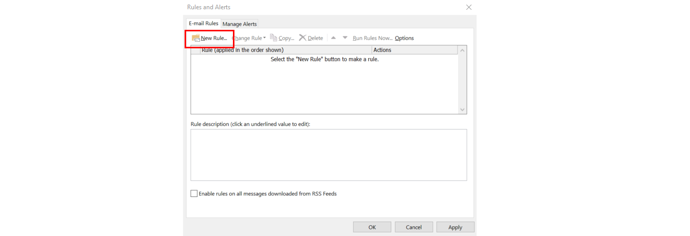 Screenshot of Rules and Alerts in Outlook highlighting the New Rule button.