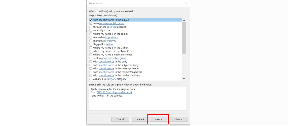 Screenshot of Rules Wizard in Outlook highlighting Specific word in subject and From people/public options and the Next button.