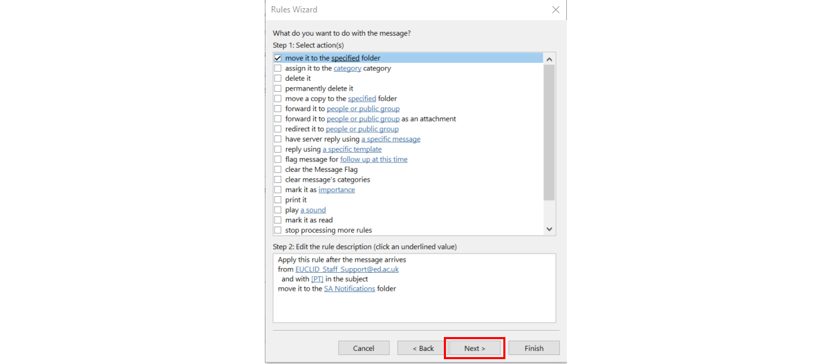 Screenshot of Rules Wizard in Outlook highlighting move to specified folder option and the Next button.