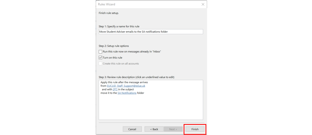 Screenshot of Rules Wizard in Outlook showing where to name a rule, the Turn on this rule option ticked and the Next button.