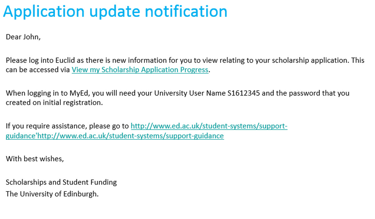 Image of the email notification sent to an applicant when a decision has been made