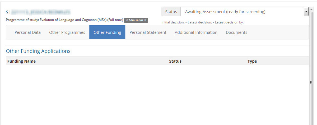Image of the scholarships application other funding tab