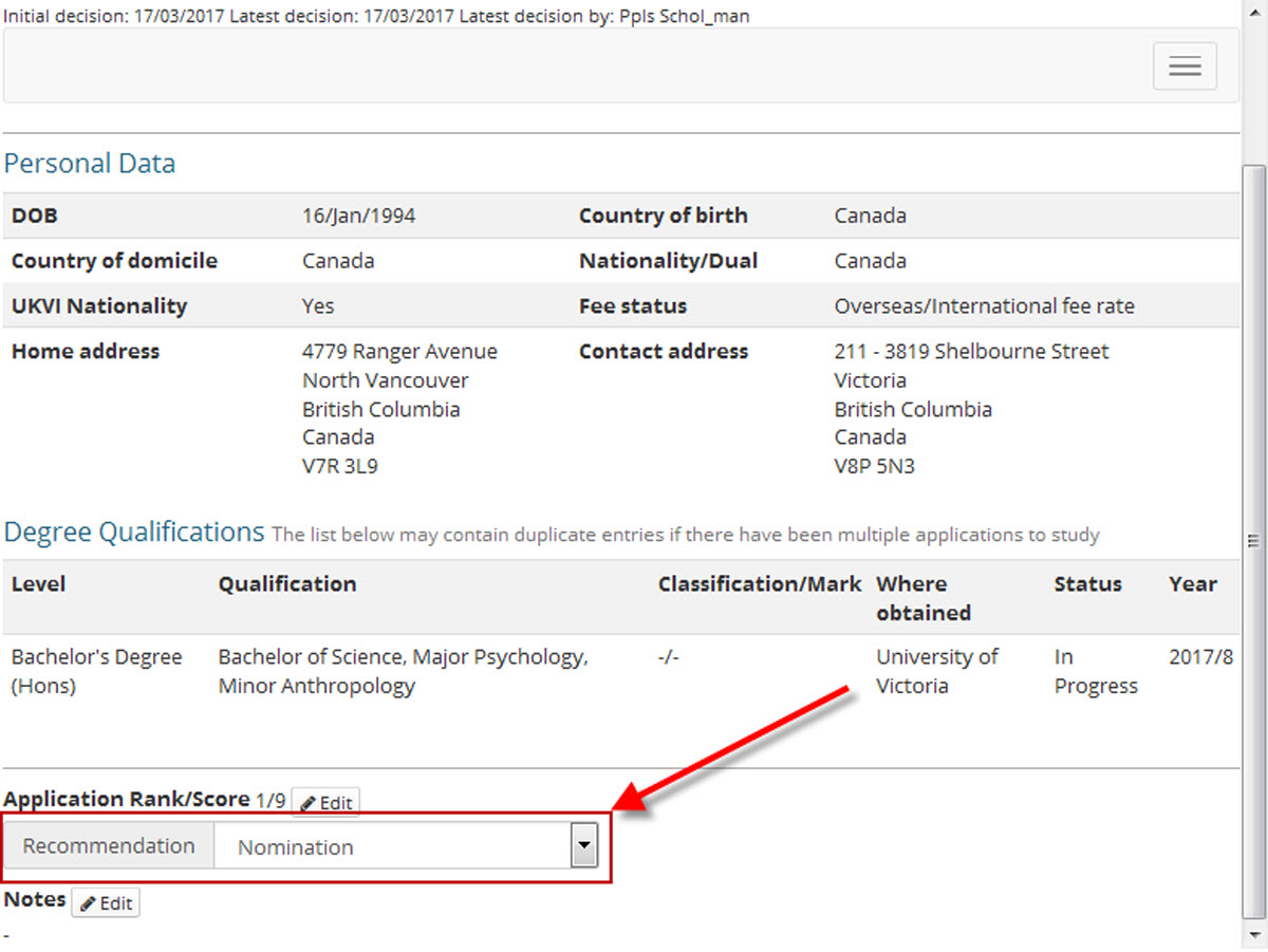 Image of scholarships application recommendation field