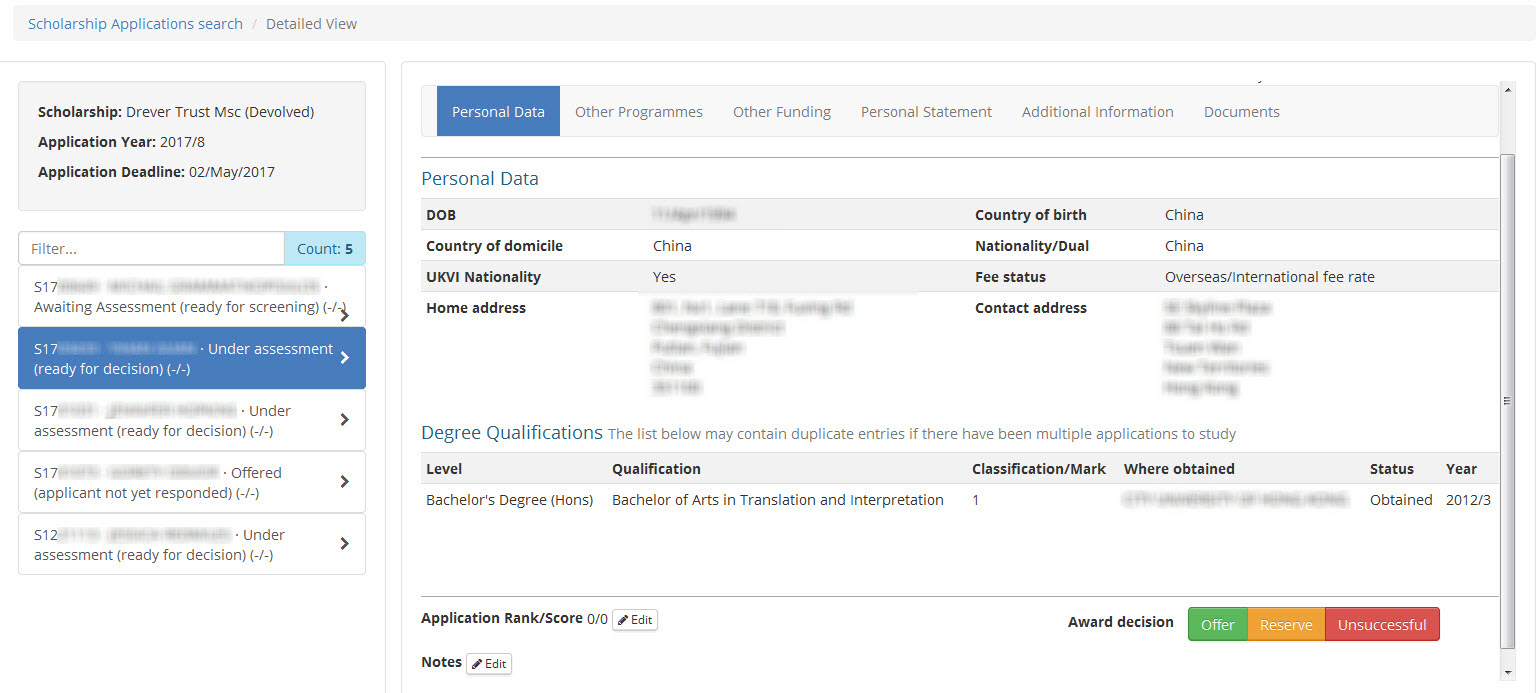 Image of scholarships application with decision button