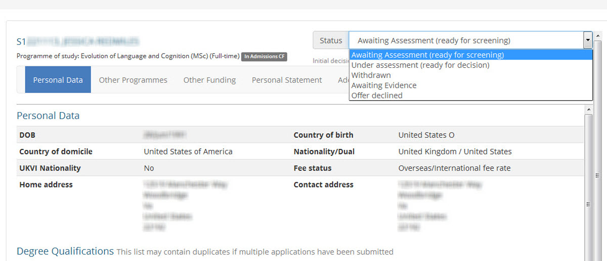 Image of the scholarships application status values