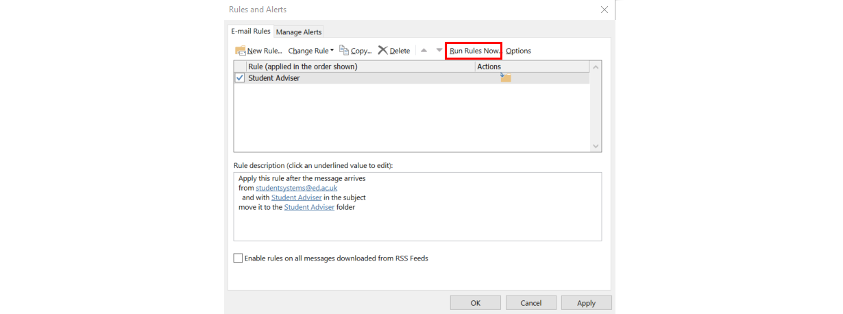 Screenshot of Rules and Alerts screen in Outlook highlighting Run rules now button. 