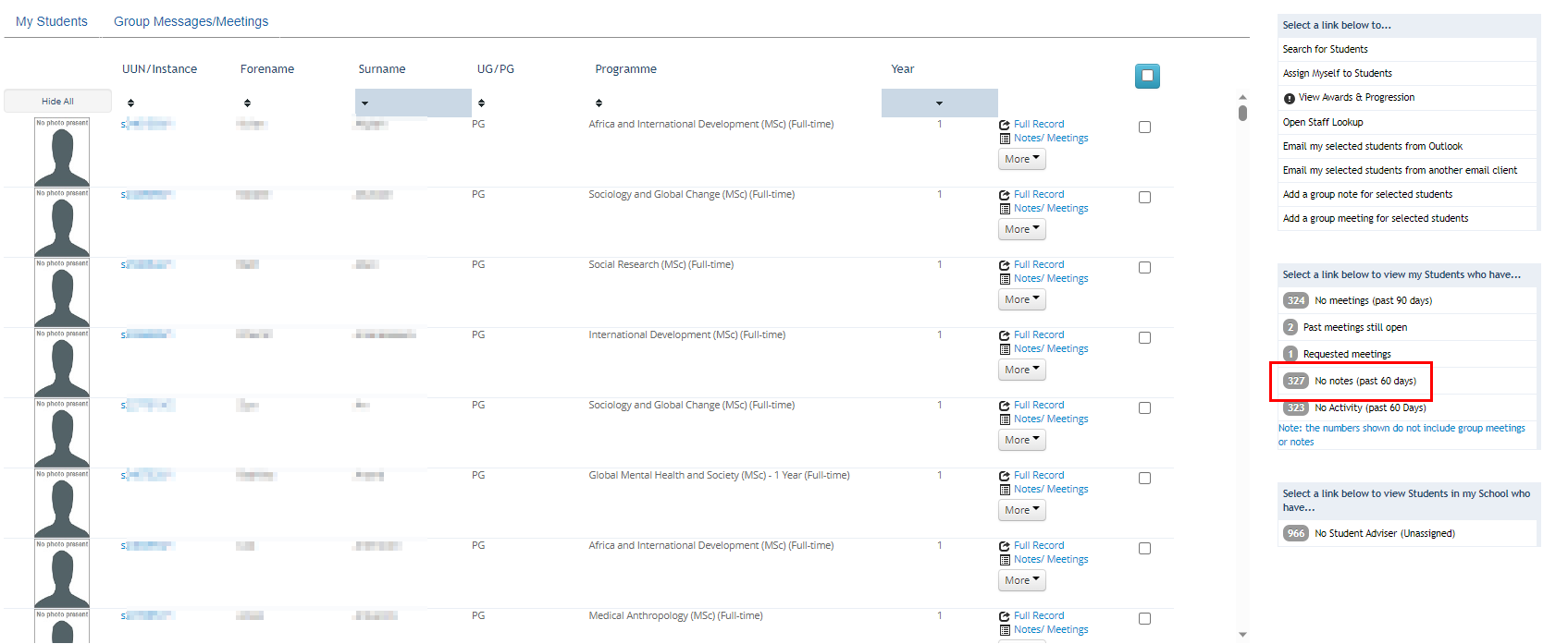 Screenshot of Student Adviser tool in Euclid highlighting No Notes button on right of screen. 