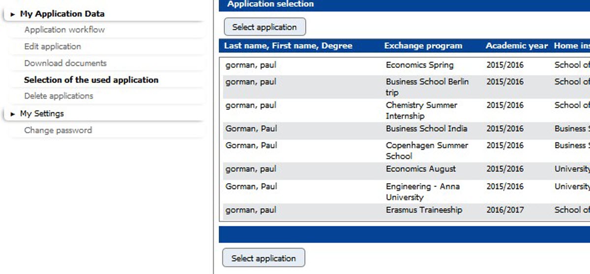 Image of the application data screen