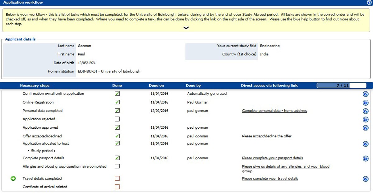 Image of the application workflow screen