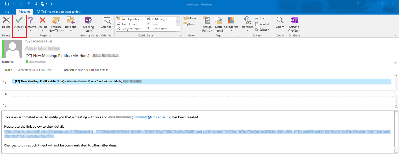 Screenshot of Outlook invite that is sent to the Student Adviser once a meeting has been set up in Euclid. 