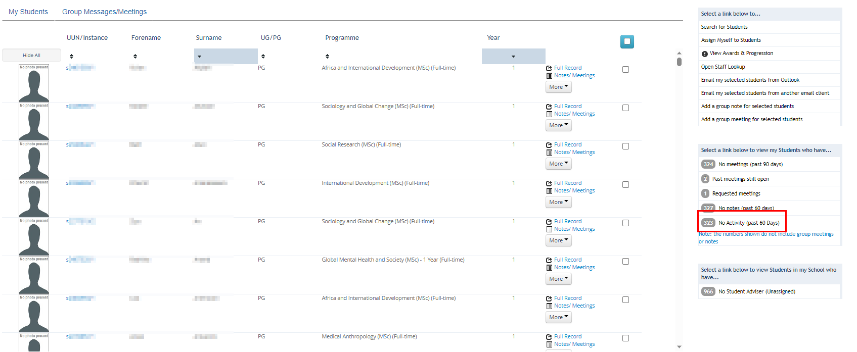 Screenshot of student with no activity in the past 60 days highlighting Notes/Meetings buttons. 