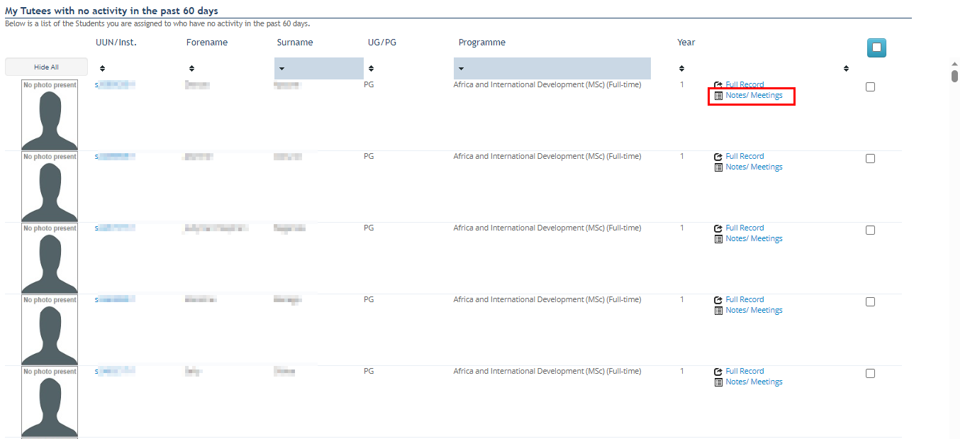 Screenshot of Student Adviser tool in Euclid highlighting No activity (past 60 days) button. 