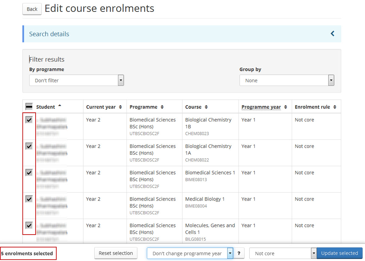 Image of editing core course enrolments screen