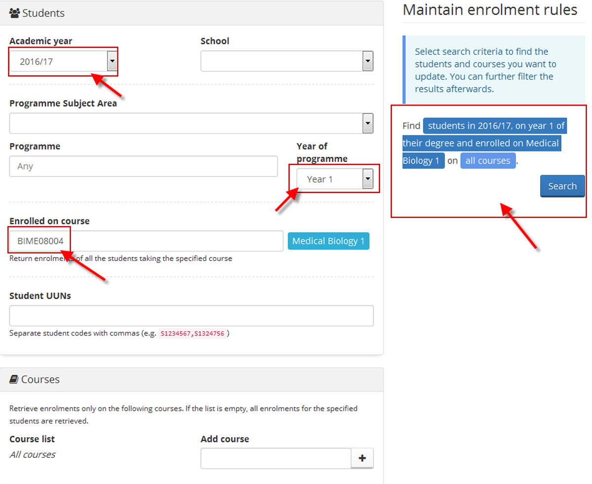 Image of maintain course rules retrieval screen