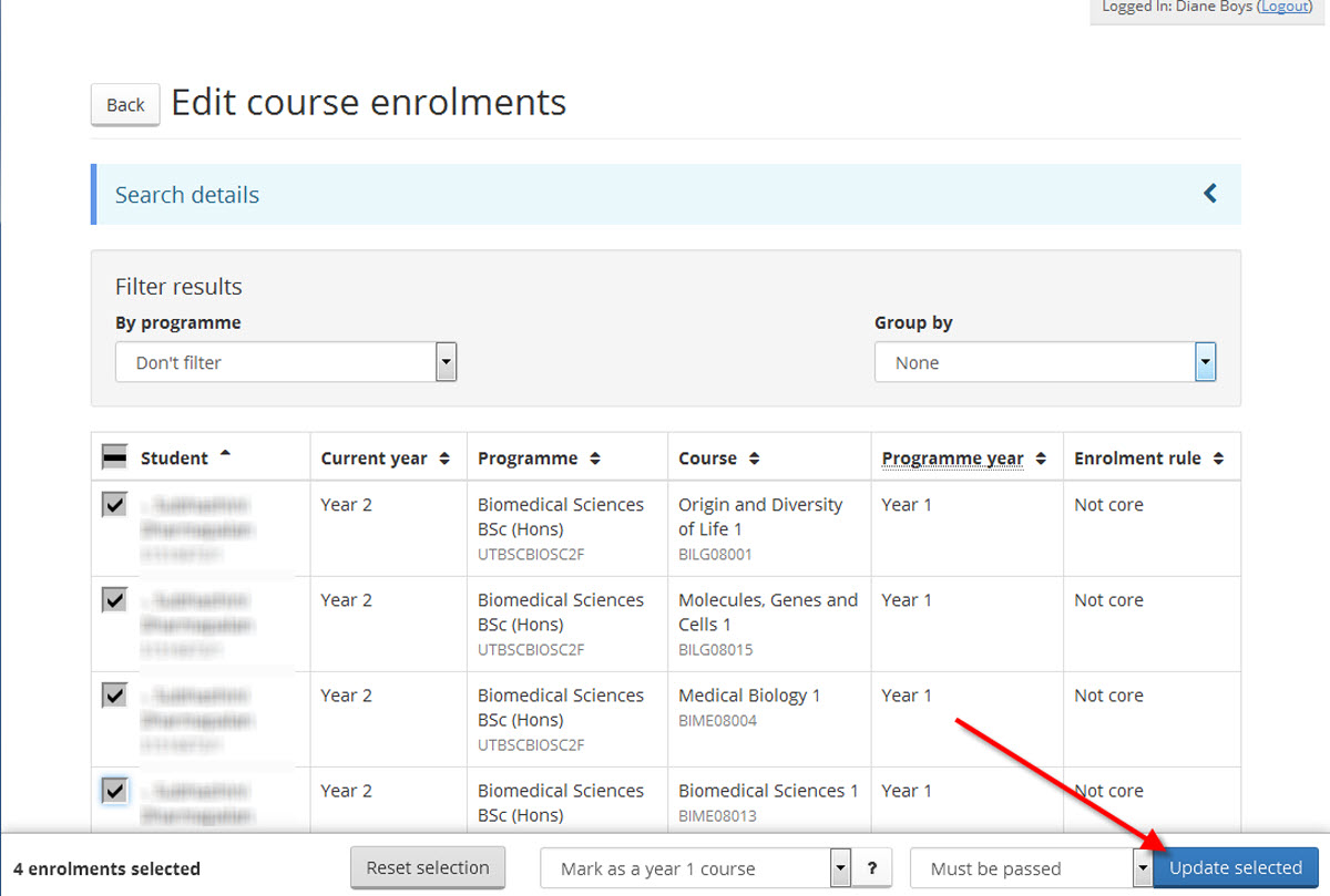 Image of updating core course enrolments button