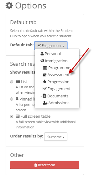 Student hub default tab