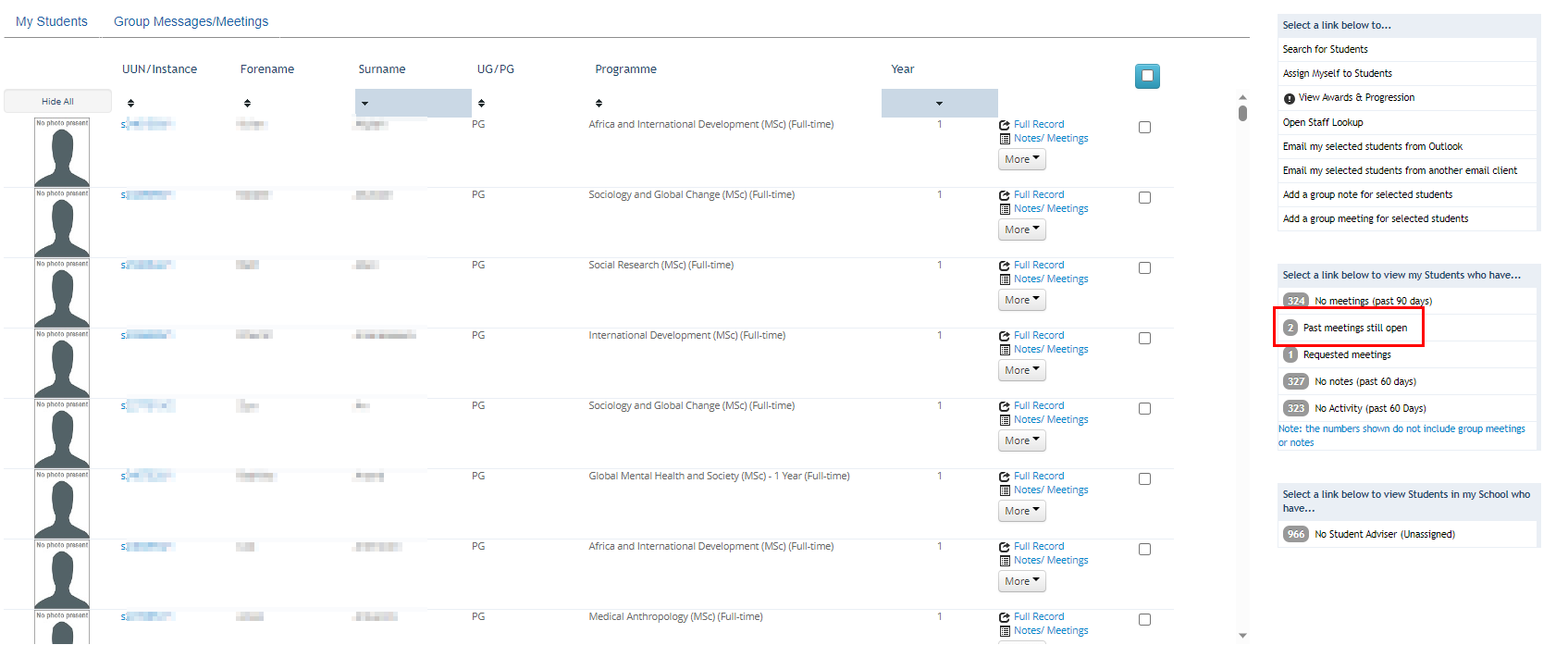 Screenshot of Student Adviser tool highlighting Past meetings still open button. 