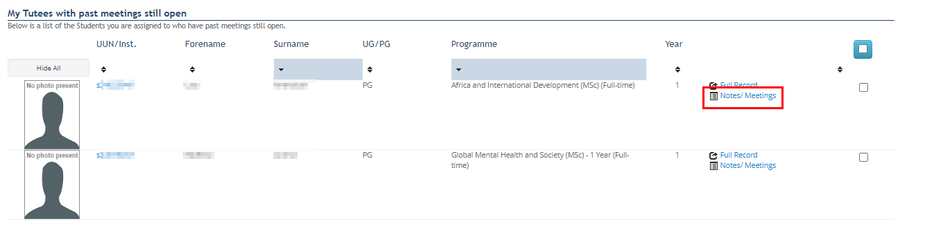 Screenshot of list of students with past meetings still open highlighting Notes/Meetings button. 