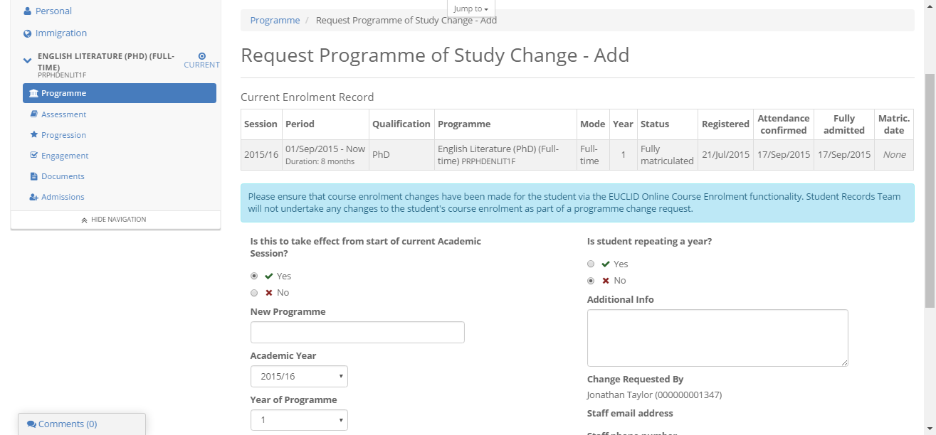 request change of study change form