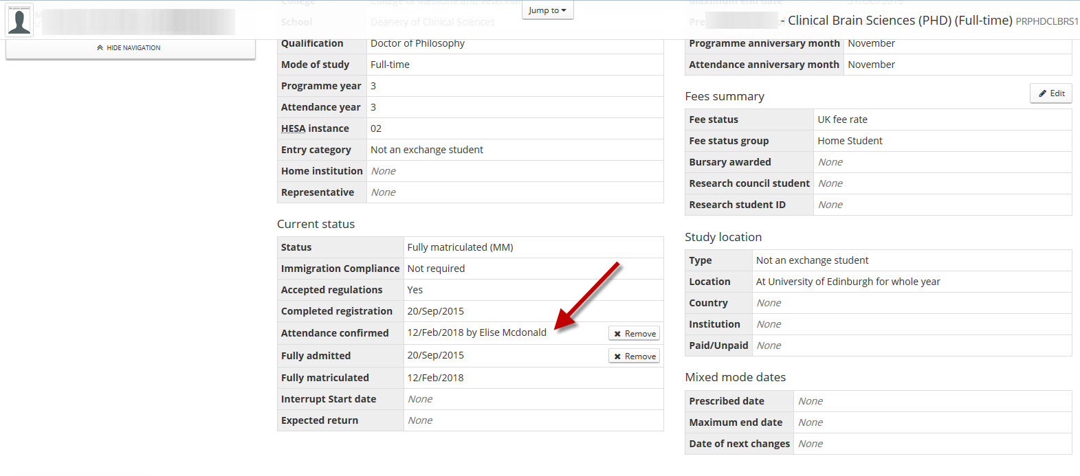 Check attendance has been confirmed under the ' Current status' box