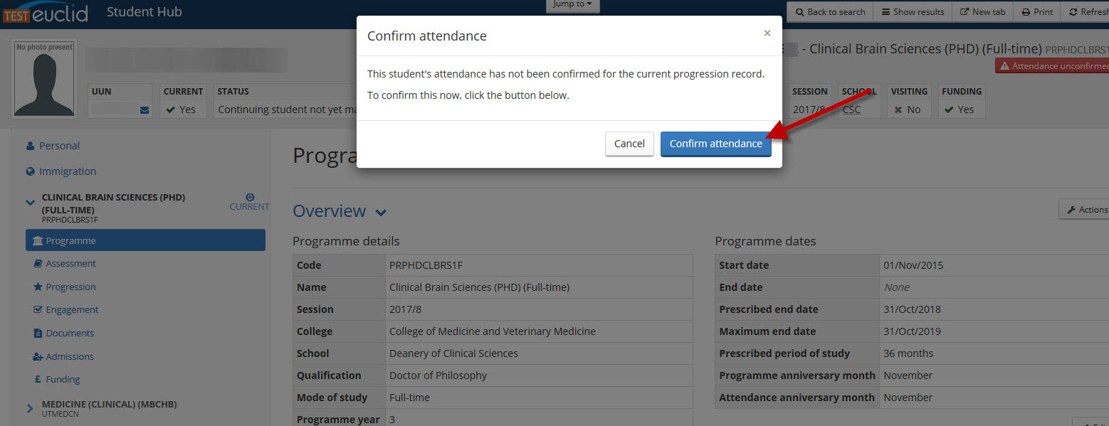 Confirm attendance via the pop-up window